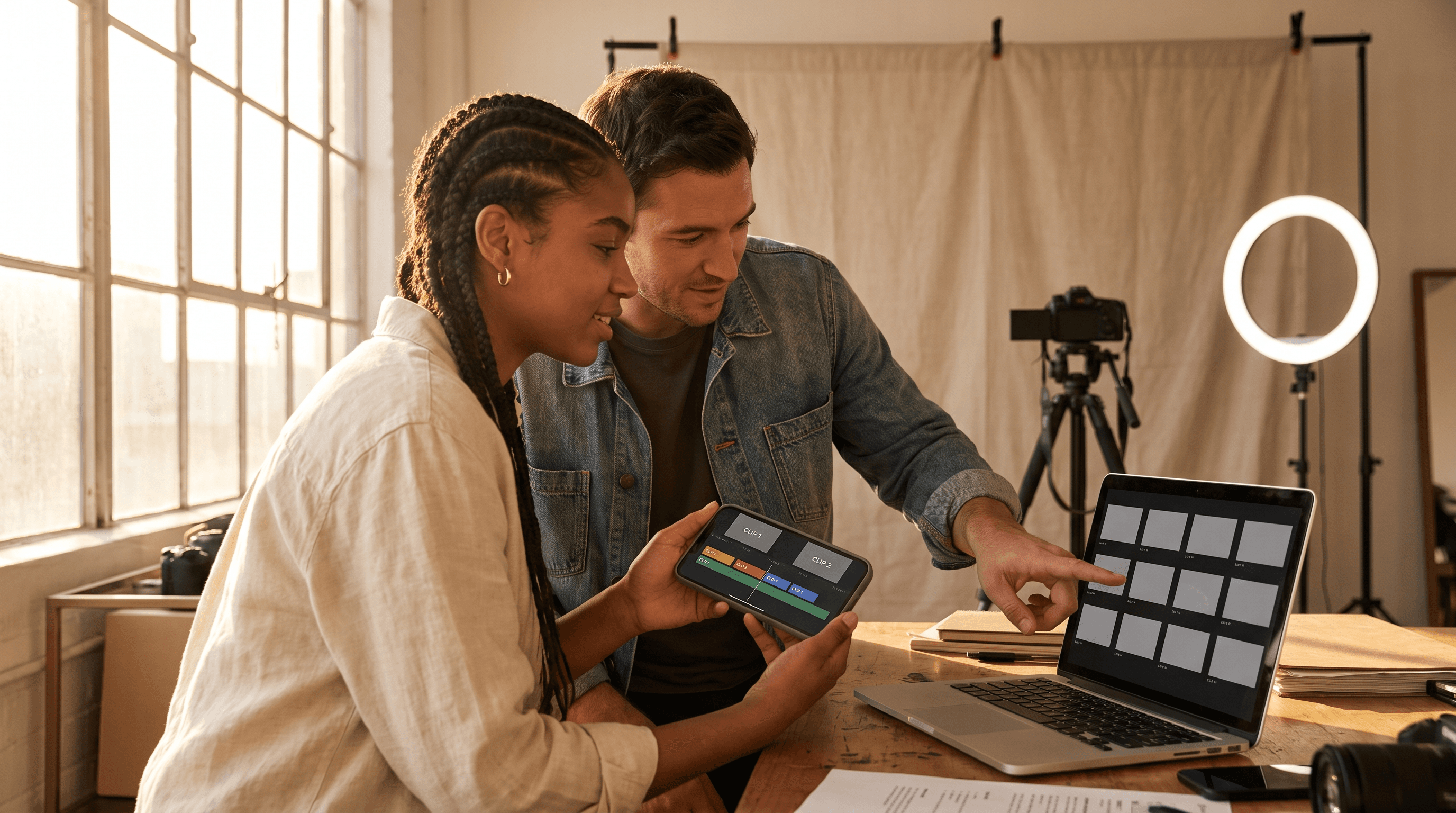 A content creator and brand owner collaborating on UGC video content at an editing station