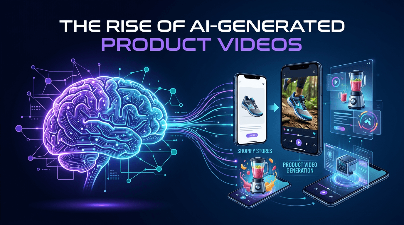 Futuristic illustration of AI generating product videos for Shopify e-commerce stores