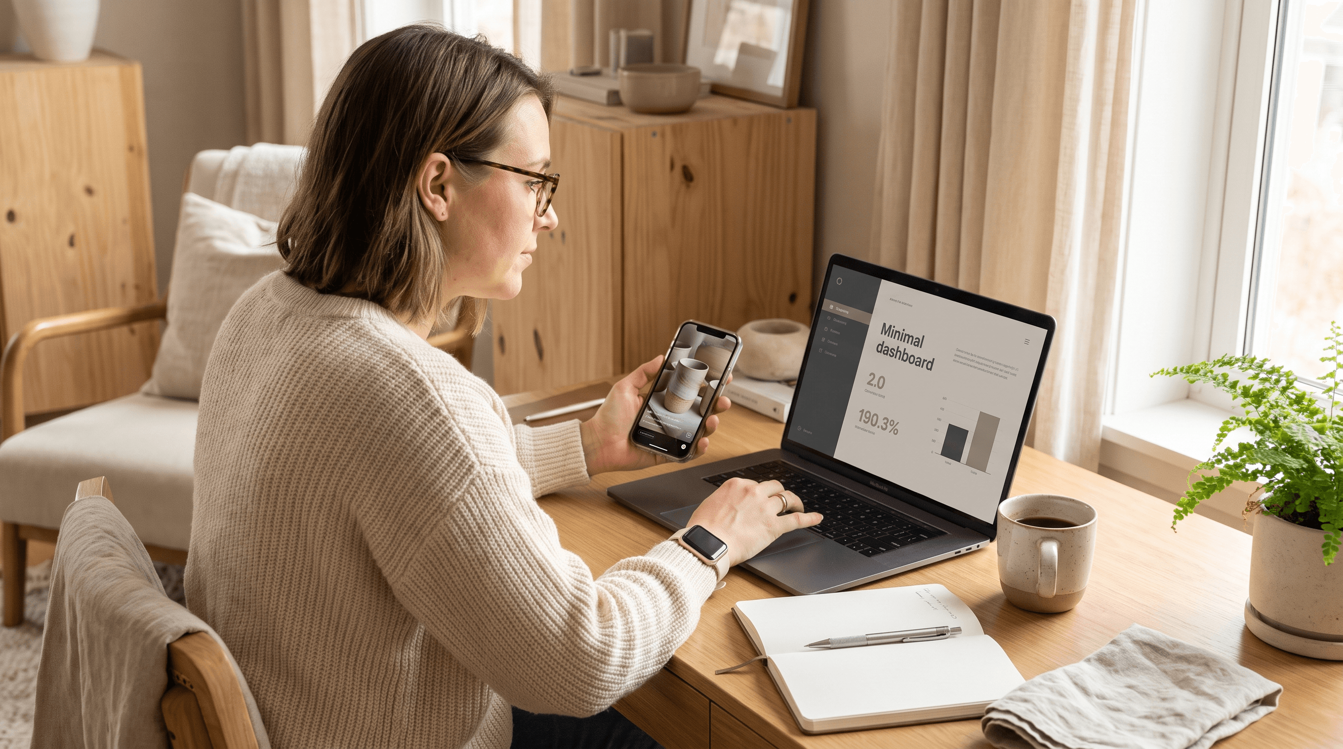 A Shopify store owner sits at a wooden desk in warm natural light, one hand on a laptop keyboard and the other holding a phone playing a product video, reviewing sales performance data.