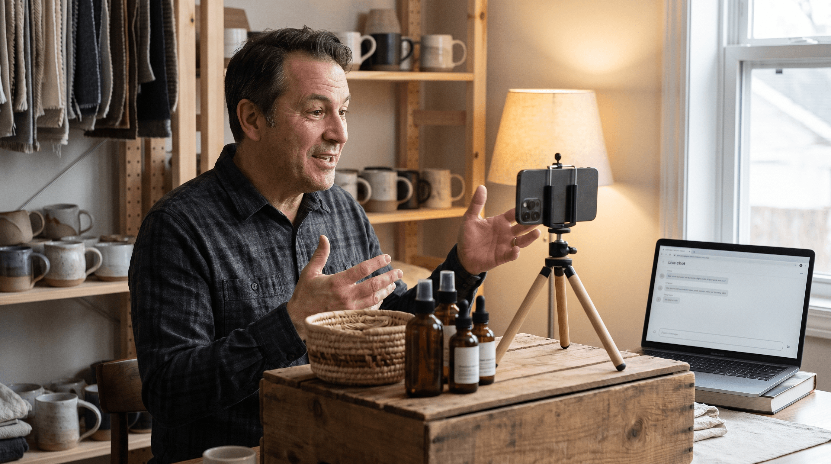 A merchant live-streaming a product demonstration from a cozy home studio setup