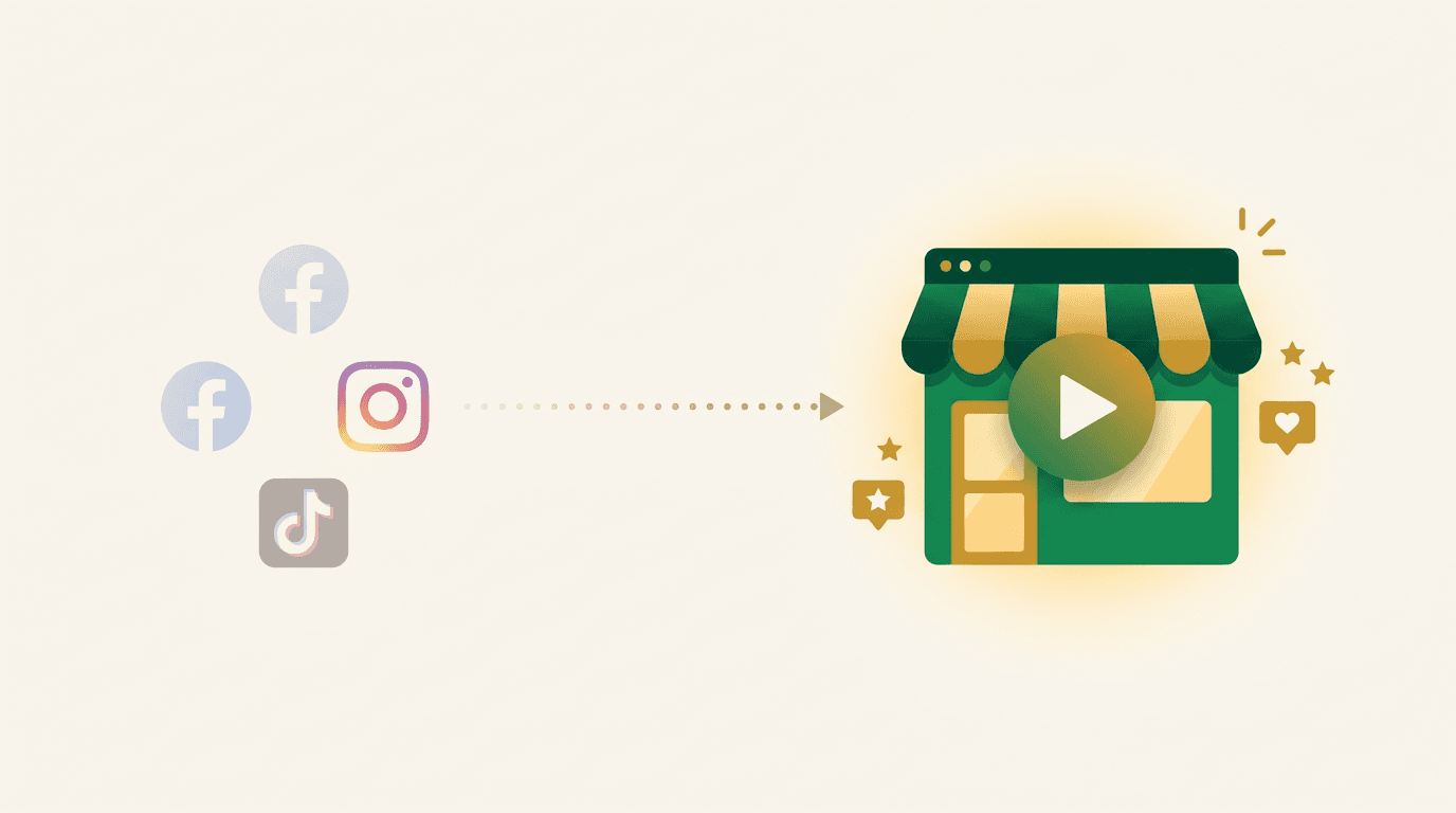 Social media icons fading away with an arrow pointing toward a vibrant Shopify storefront with video and social proof elements