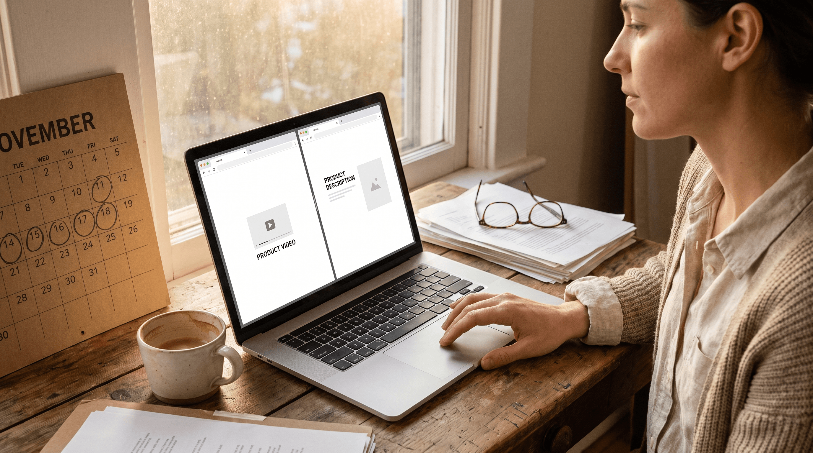 A Shopify store owner at a wooden desk in warm window light compares two plain product page layouts side by side on a laptop, with a November calendar and a cooling coffee nearby.