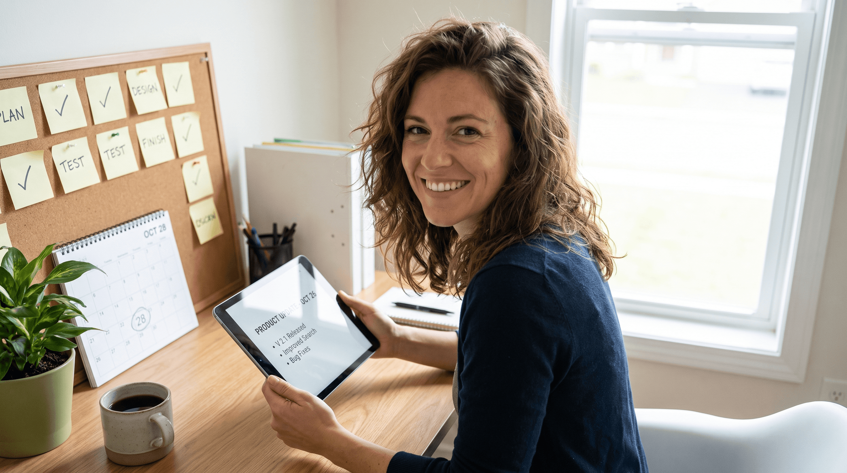 A Shopify merchant reviewing new platform feature updates on a tablet in a bright office
