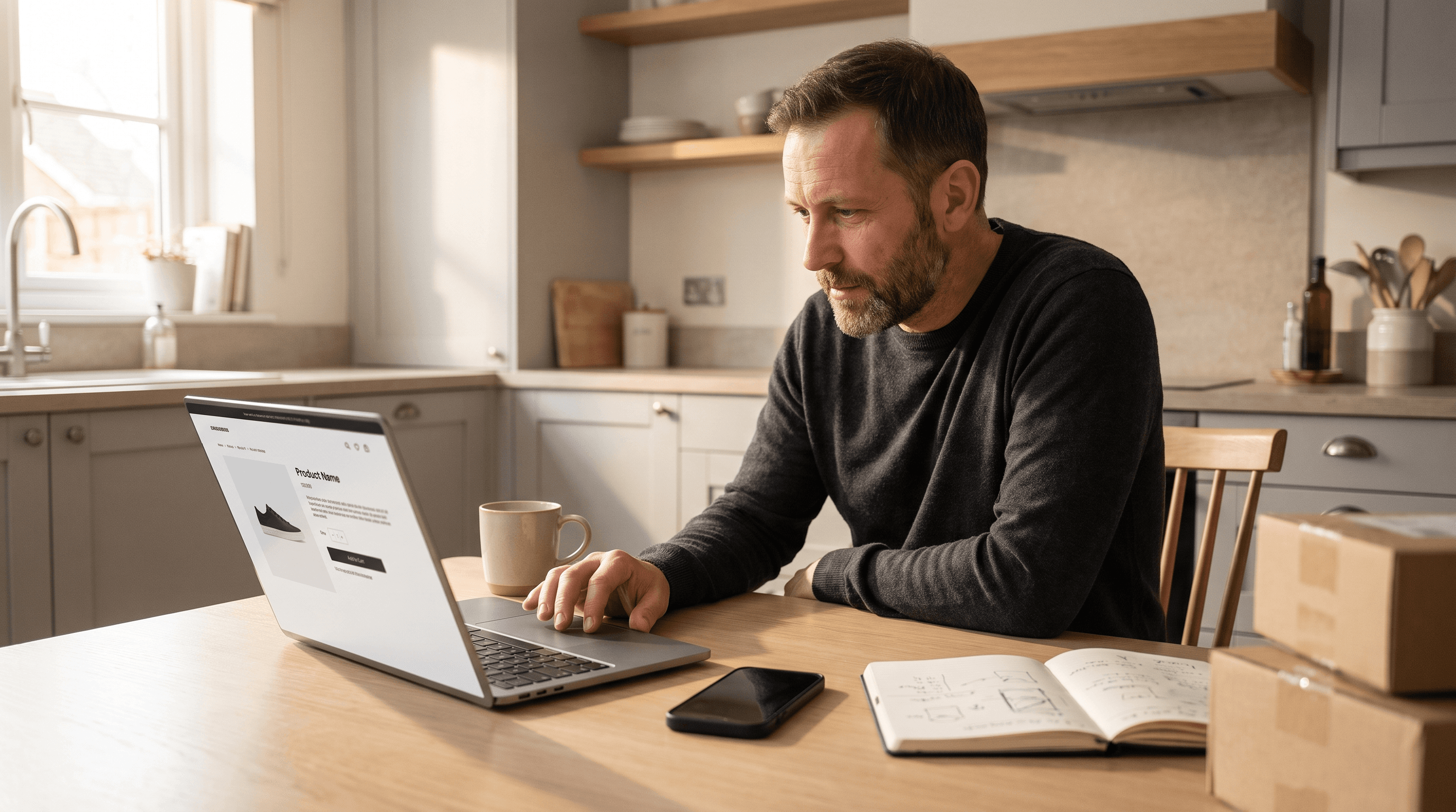 A Shopify merchant reviewing a product page on his laptop at a kitchen table, checking how his store behaves for an AI shopping agent